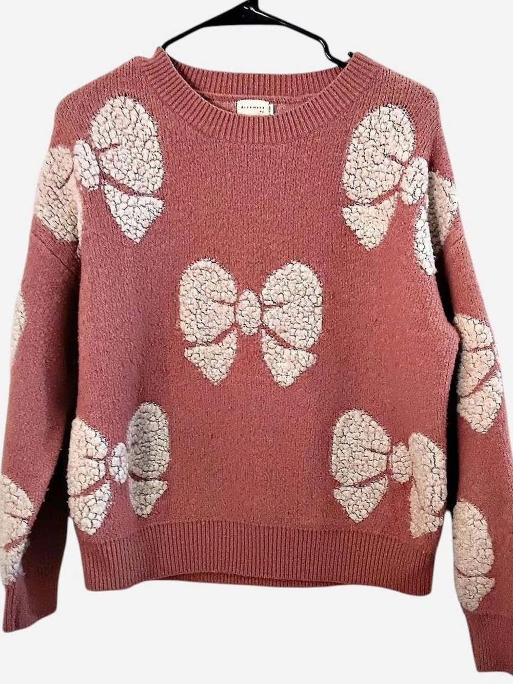 Dusty Rose Bow-Pattern Crewneck Sweater